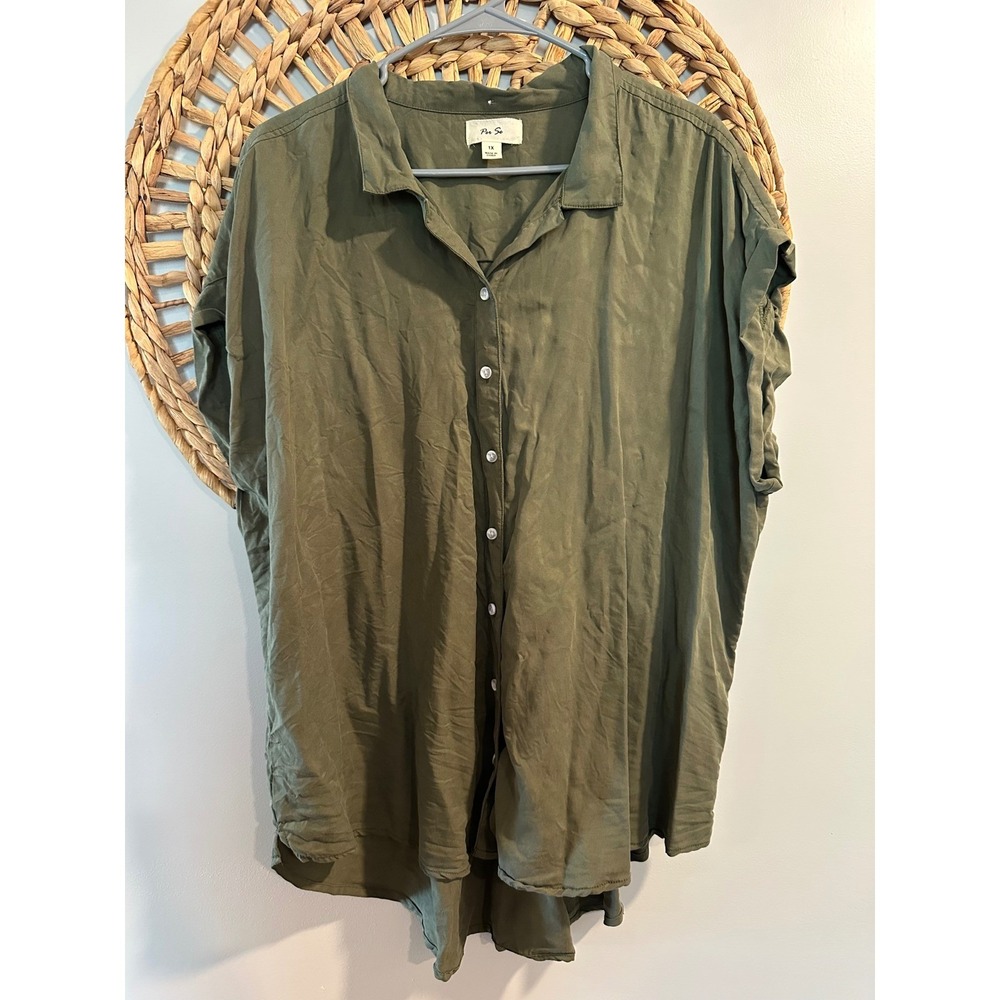 Per Se Olive Green Short Sleeve Button Down Top Plus Size 1X High Low Hem